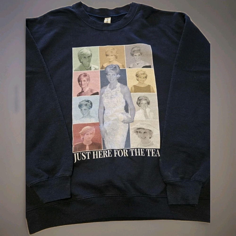 Princess Diana Sweatshirt Navy Medium Just Here For The Tea Conspiracy Graphic Q - Picture 1 of 6